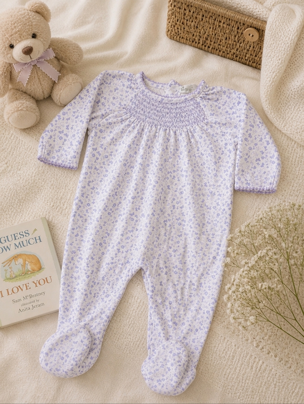 Kissy Kissy Lavender Floral Pima Cotton Footie | 3–6M | Smocked